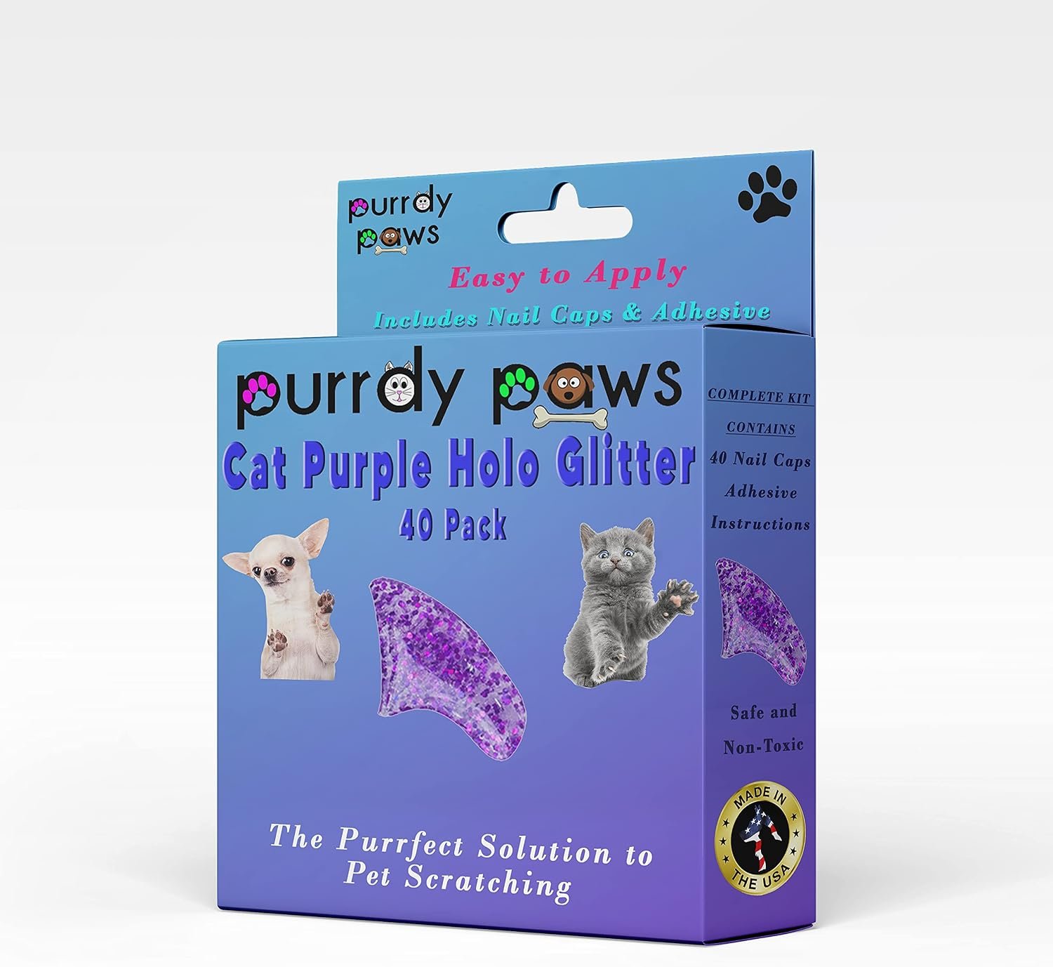 Soft Nail Caps for Cat Claws, Purple Holo Glitter, 40 Pack, Small