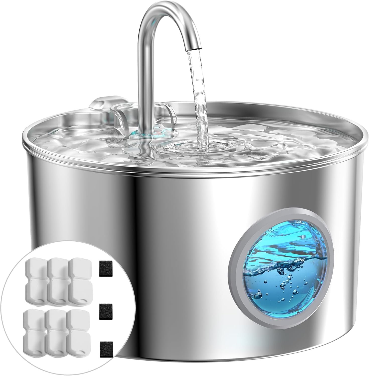 Cat Water Fountain Stainless Steel: Cat Fountain with 6 Filters + 3 Sponges
