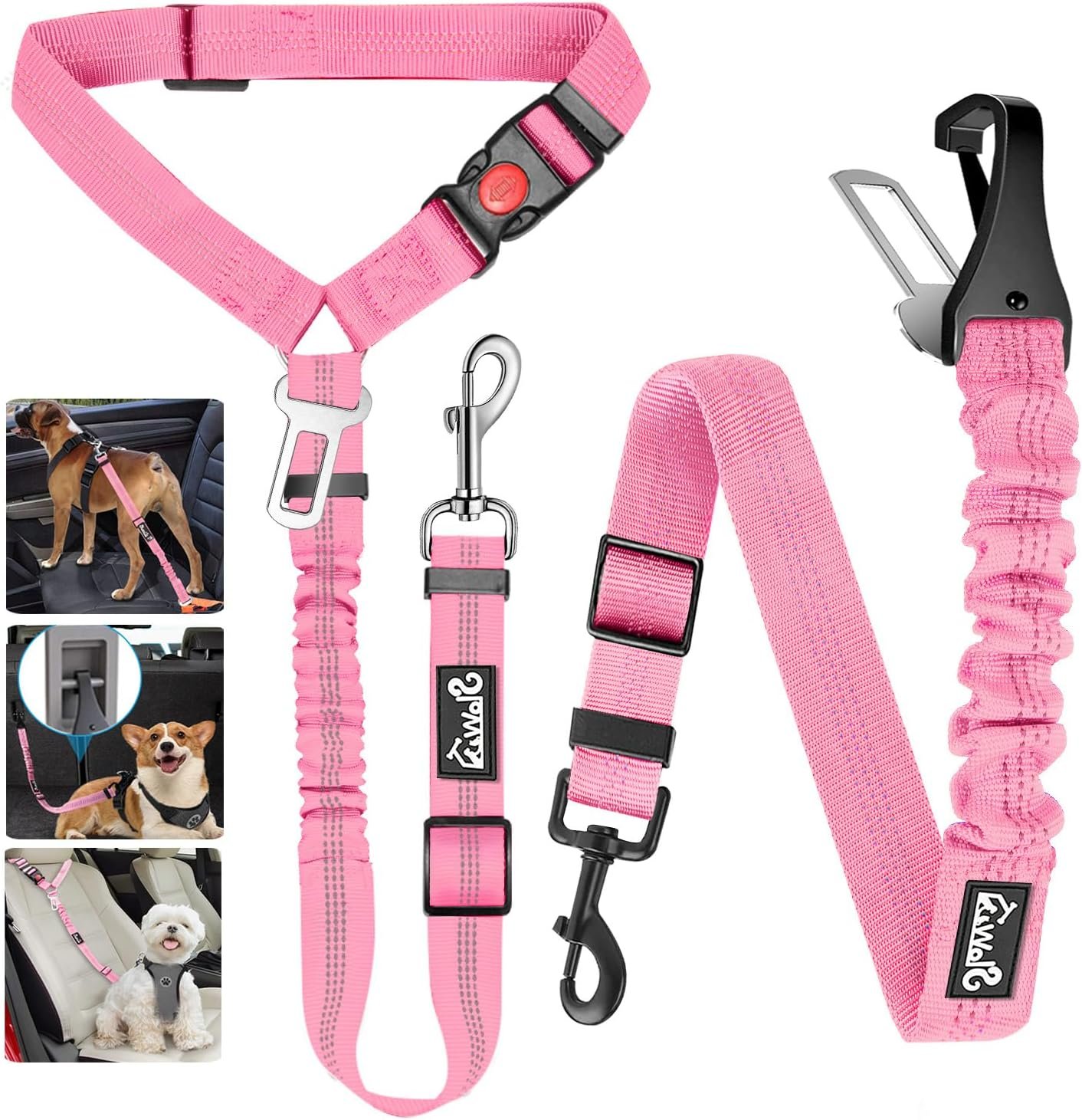 Lukovee Dog Seat Belt, 2 Pack, 3-in-1 Headrest & Seatbelt Clip & Latch | Adjustable, Reflective, 360º Tangle-Free, Metal Buckle, Elastic, Doubles as Leash, All Breed Size (PI)