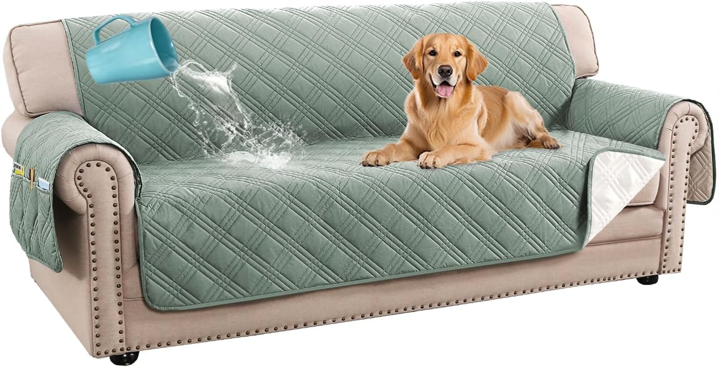 H.VERSAILTEX 100% Waterproof Slipcovers for Couches and Sofas Modern Pet Couch Cover Thick Soft Furniture Protector with Elastic Straps(Sofa, Lily Pad/Beige)