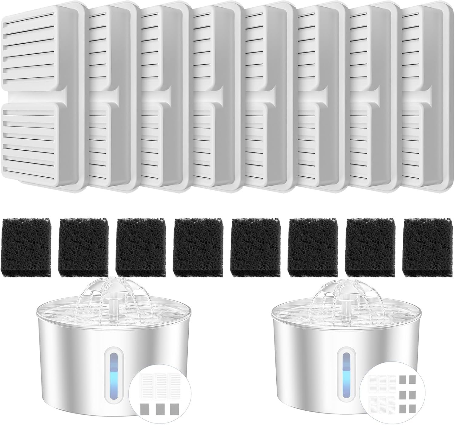 Replacement Filter for Cat Water Fountain – 8 Packs Pet Water Bowl Filters – 8 Filters & 8 Sponges Set for Stainless Steel Cats/Dog Water Dispenser – Activated Carbon & Foam Filtered Refill