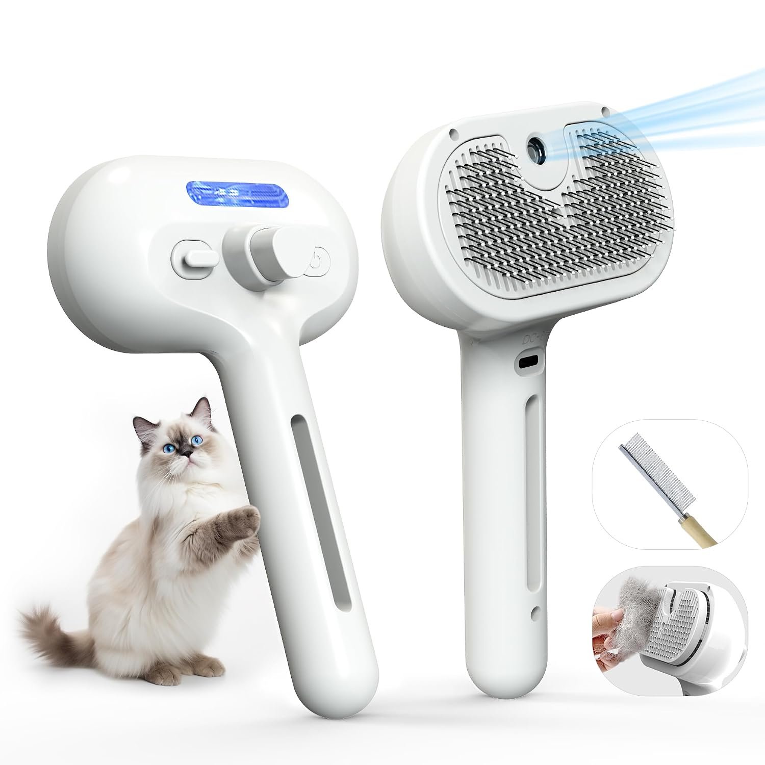 Pet Grooming Brush with Electronic Mist Spray – Gentle Deshedding Tool for Cats & Dogs, Pet Steam Brush，Reduces Shedding, Soft Bristles, Promotes Healthy Coat-Comes with a hair smoothing comb-White