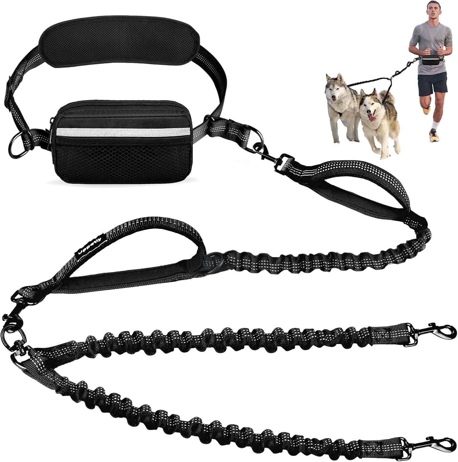 Uppetly Hands Free Double Dog Leash with Pouch, Dual Leash for 2 Dogs with Reflective Padded Handles, Durable Bungee and Lumbar Waist Belt for Walking, Jogging and Running (Medium/Large, 25-120 lbs)