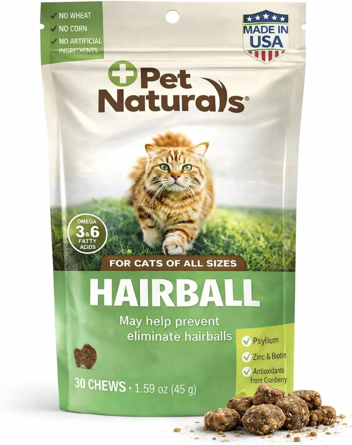 Pet Naturals Hairball Relief for Cats, 30 Chicken Liver Flavored Soft Chews, Hairball Treatment with Psyllium, Omega 3 & 6, Zinc and Biotin, Supports Digestion & Skin Coat, No Corn or Wheat