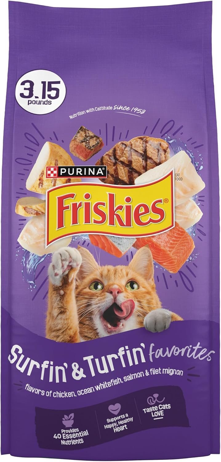 Purina Friskies Cat Food Surfin and Turfin Favorites Flavors of Chicken, Whitefish, Salmon and Filet Mignon – (Pack of 4) 3.15 lb. Bags