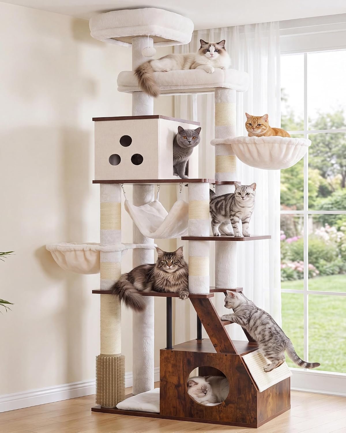 Heybly Wooden Cat Tree, 75″ Cat Tower with Large Loft-Style Condo HCT123SR