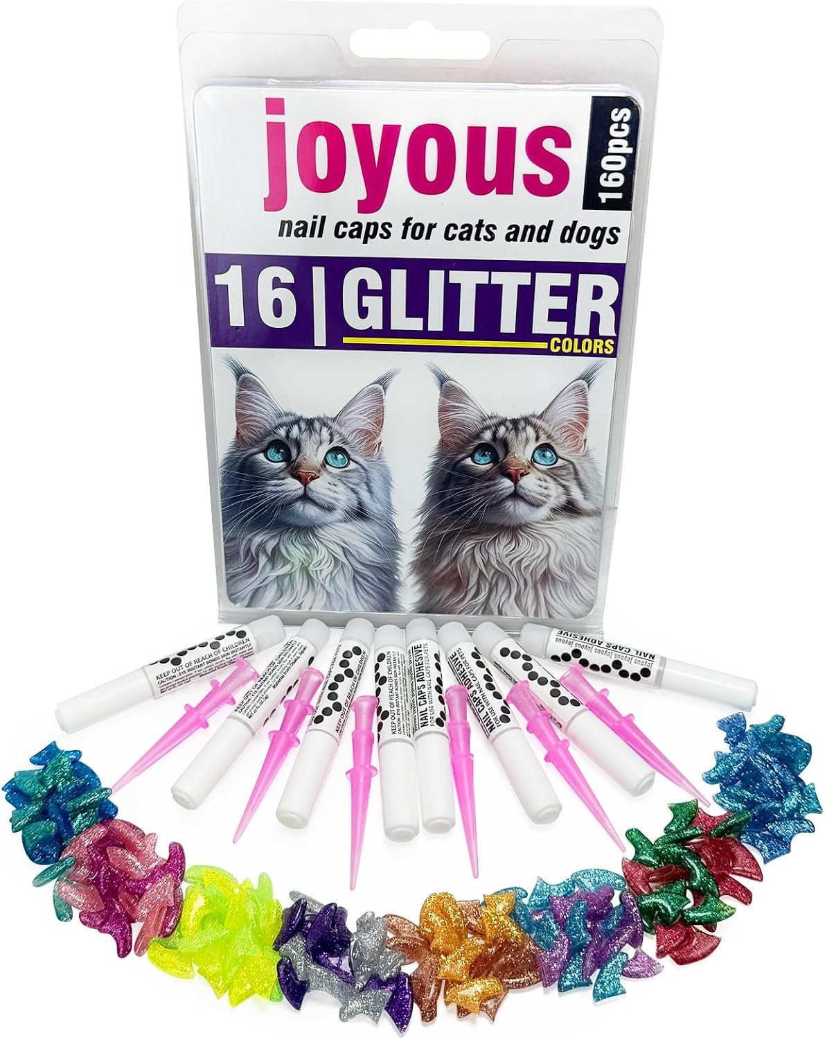 joyous 160pcs Glitter Cat Nail Caps (16 Sparkle Colors), Soft Pet Claw Covers for Kittens, with 8 Adhesives & 16 Applicators – Protects Furniture & Skin, Long-Lasting Anti-Scratch (M)