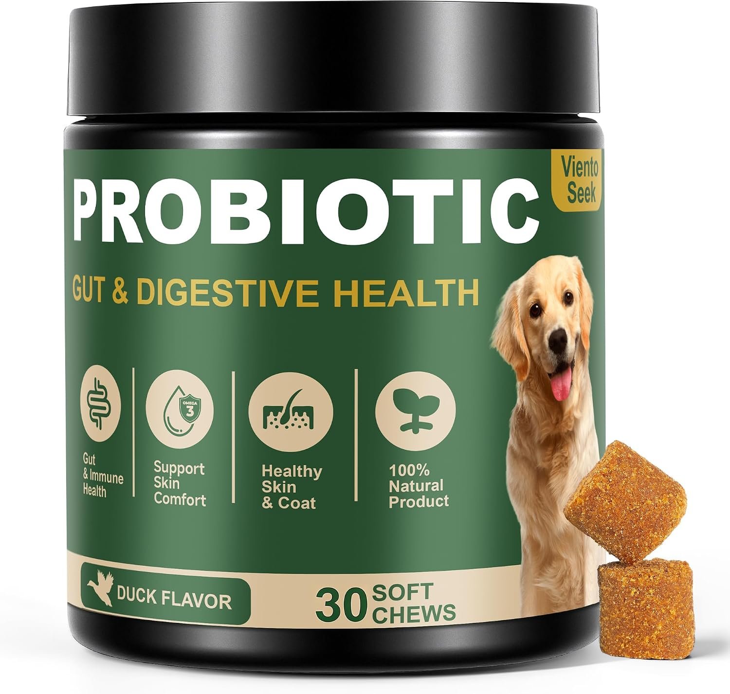 Probiotics for Dogs – Dog Probiotics for Yeast, Itchy Skin and Itchy Ears, Digestive Health, Diarrhea Relief, Gut & Immune Support – with 7 Enzymes, 3 Prebiotics & Omega-3 (Duck 30ct)