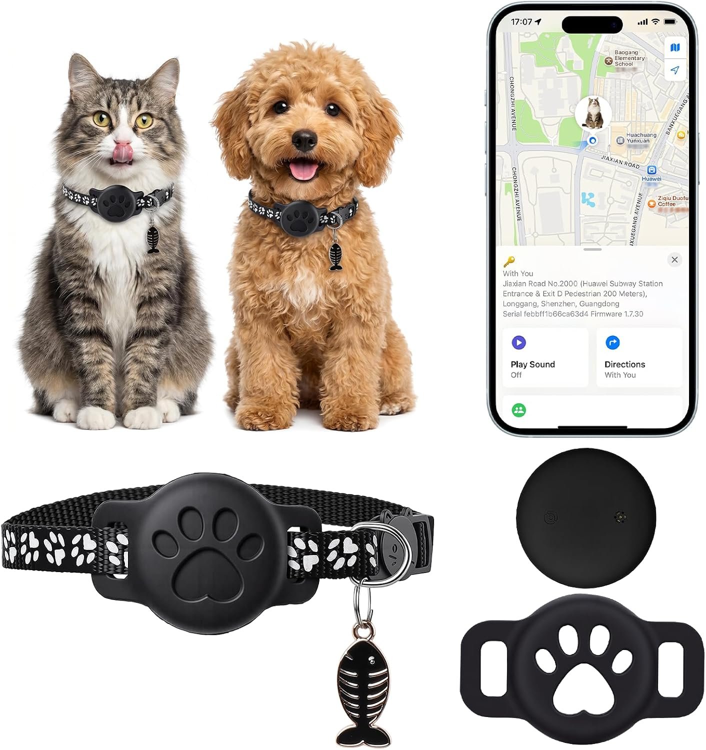 GPS Pet Tracker Collar, Mini Smart Real Time Tracking Tag for Cats Dogs, No Monthly Fee or SIM Breakaway Collars, IP68 Waterproof Detachable Finder 365-Day Battery Compatible with Apple iOS & Android