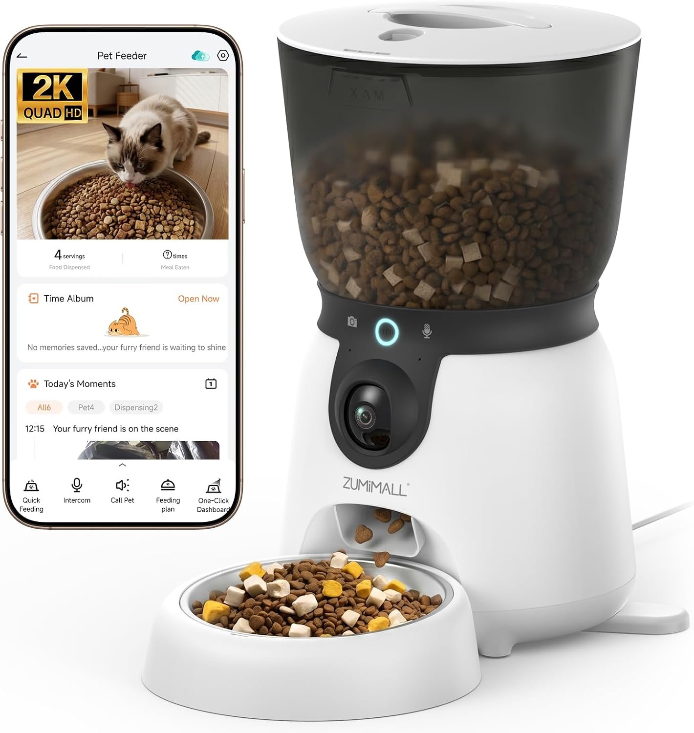 ZUMIMALL Automatic Pet Feeder, 2K Rotatable Camera, Full Bowl View White