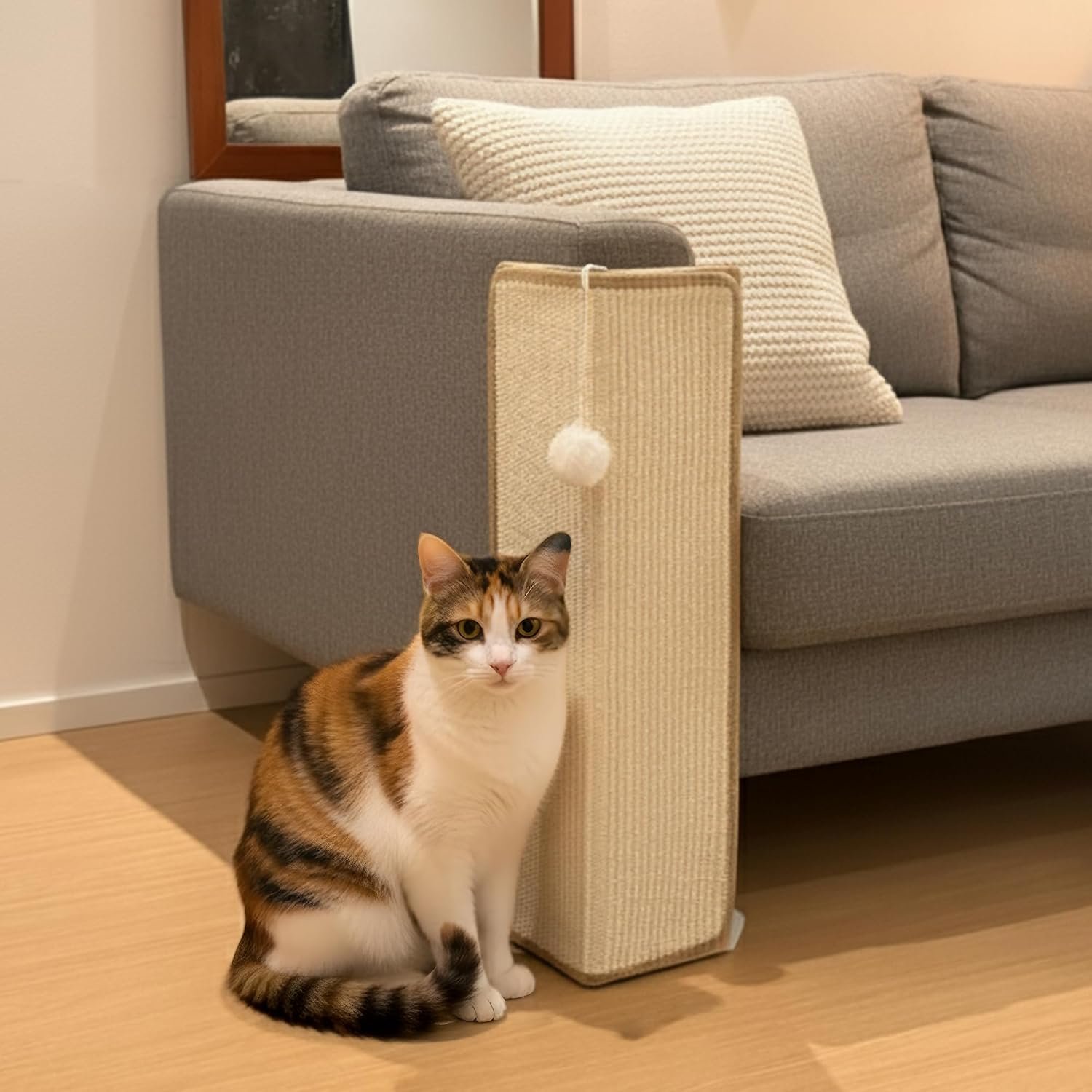PETKARAY Under-Furniture Cat Scratcher, 23.6” Sisal Scratching Post for Couch Corner, Furniture Protector Scratch Pad for Sofa with Toy Ball