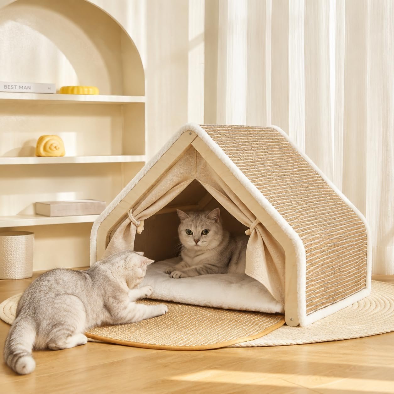 Large Wood Cat House for Indoor Cats – Cute Cat Tent Bed & Hideaway with Scratcher, Sturdy Wooden Cat Apartment & Fort for Sleeping and Playing