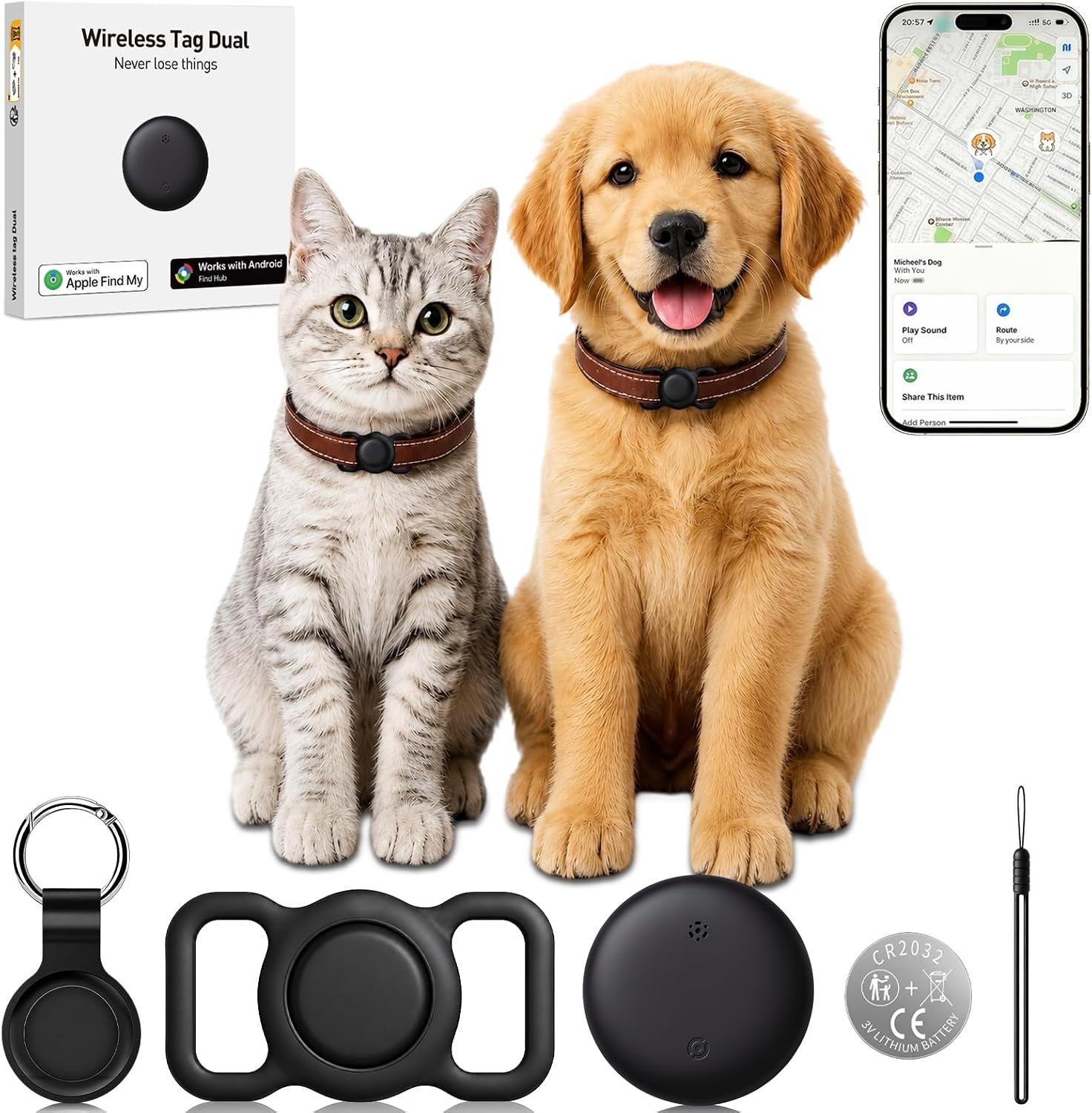 GPS Tracker for Dogs and Cats, iOS & Android, Real-Time Tracking (Matte Black)