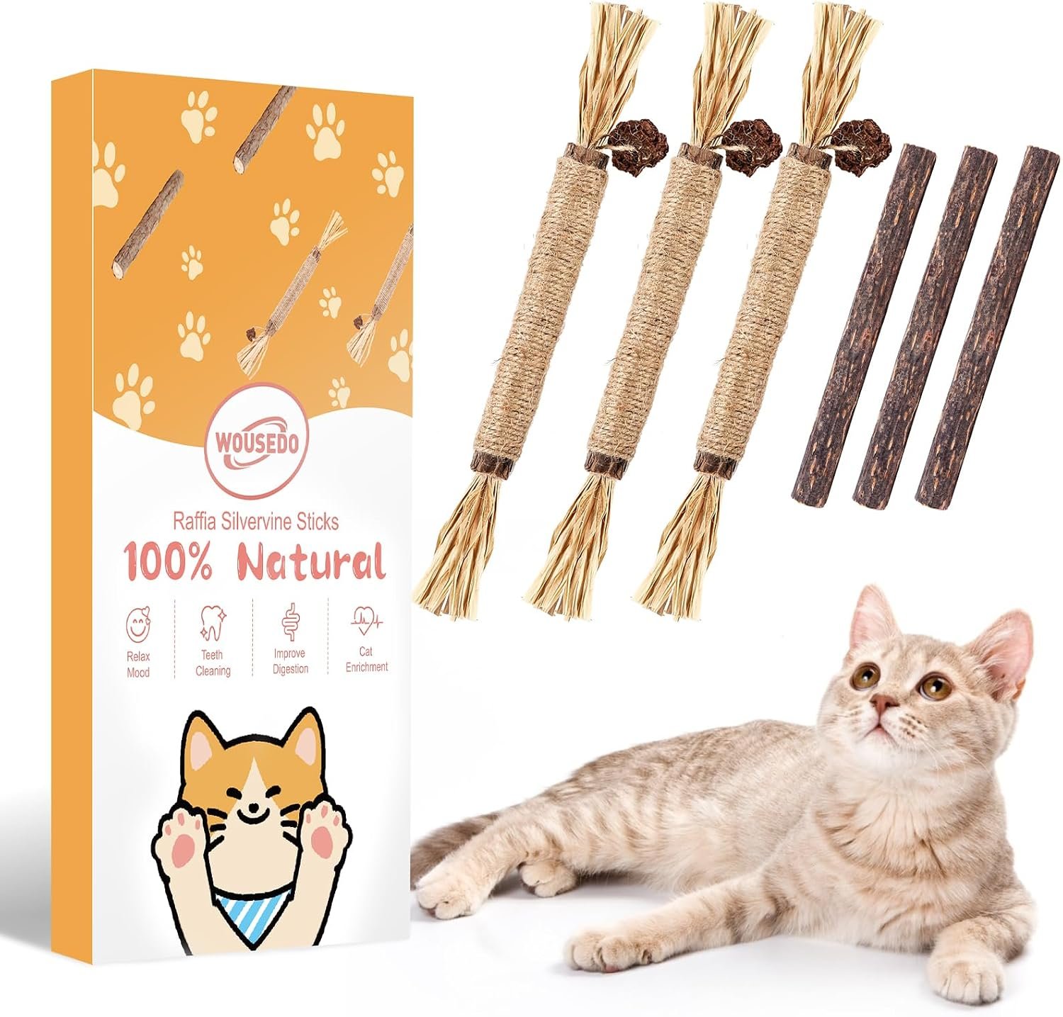 WOUSEDO 6 Pack Silvervine Sticks for Cat, Natural Catnip Toys