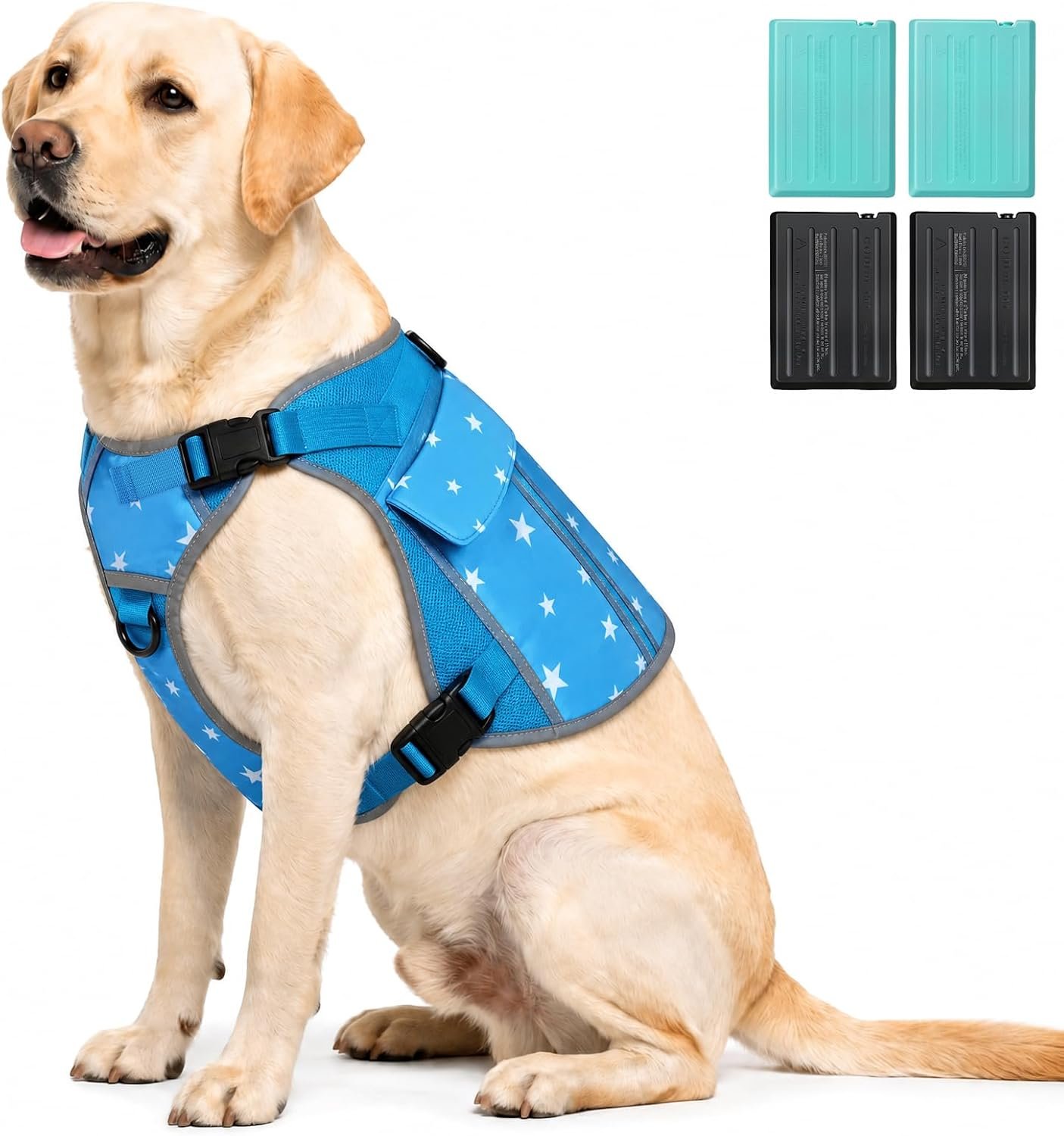 Dog Cooling Vest with 4 Ice Packs – Adjustable No-Drip Cooling Harness for Medium & Large Dogs, Reflective Trim & Leash D-Ring for Hot Weather Safety