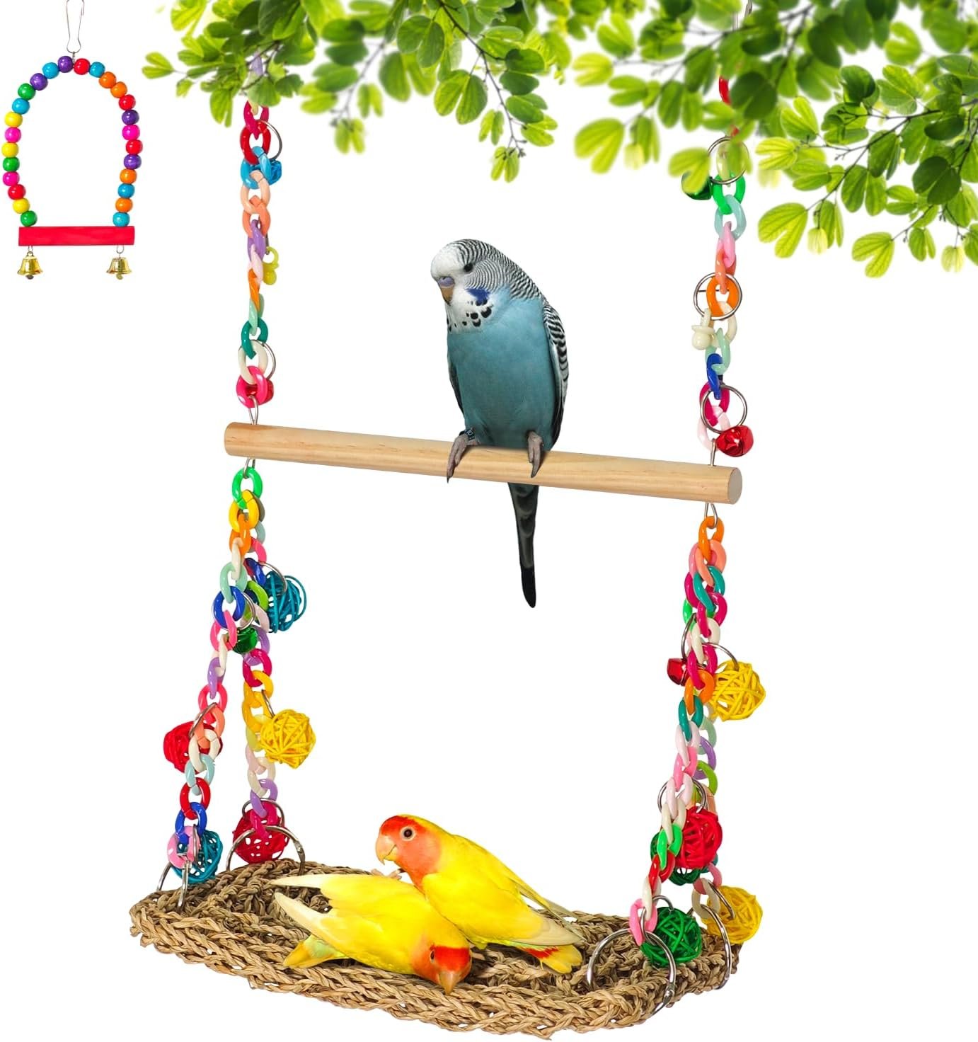 Natural Bird Swing Toys with Wood Perch, Double Layer Bird Seagrass Woven