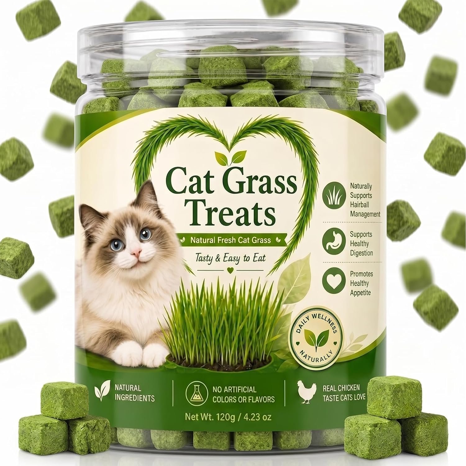 Cat Grass Treats for Indoor Cats, Natural Hairball Control Snacks with Catnip, Healthy Chewable Grass Pellets for Digestive Support