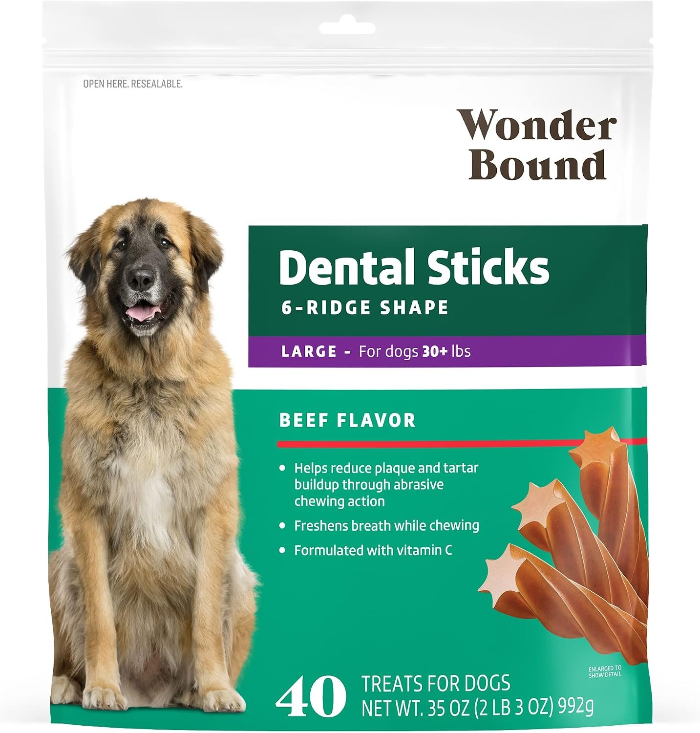 Amazon Brand – Wonder Bound Beef Flavor Dental Sticks for Large Dogs (Over 30 lbs), 6-Ridge Shape for Plaque & Tartar Control, Freshens Breath, Formulated with Vitamin C, 40 Count (Pack of 1)