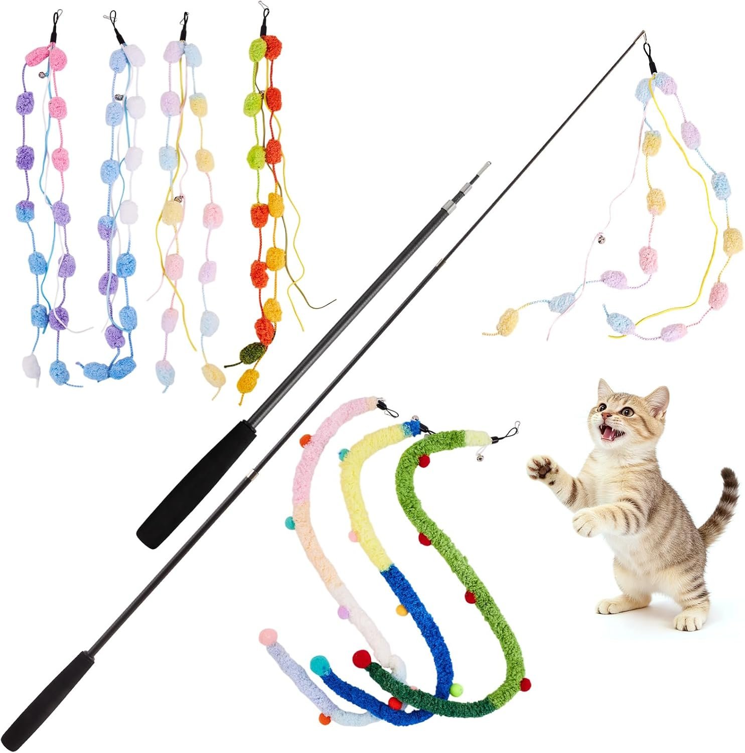 Cat Wand Toy, 9Pcs Retractable Plush Srtip Cat Teaser Wand Toys