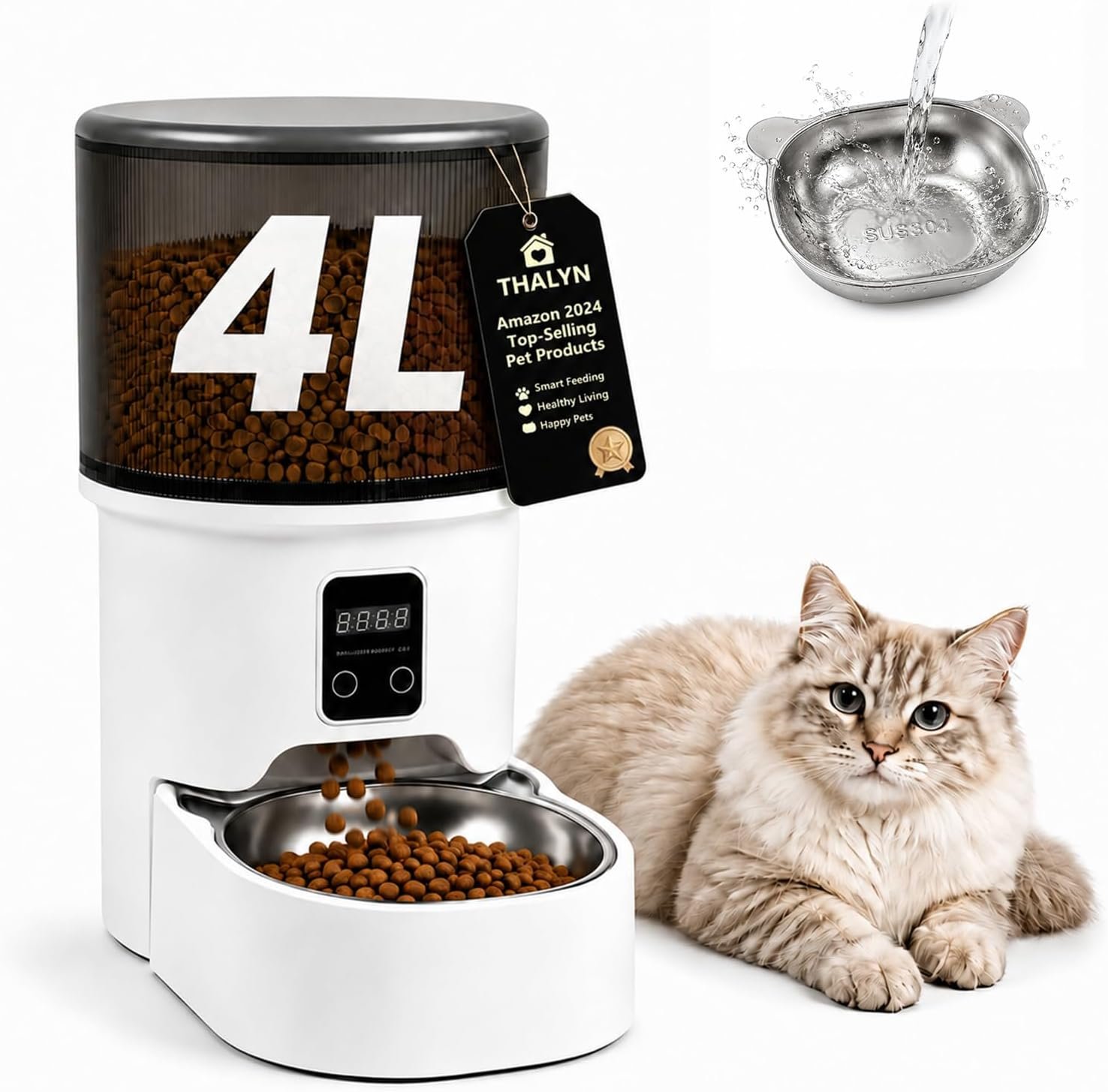 Automatic Pet Feeder 4L, Button-Controlled Timed Cat & Dog Food Dispenser with Clear Container, 1-8 Meals, Adjustable Portion, Dual Power, Prevent Food Blockage