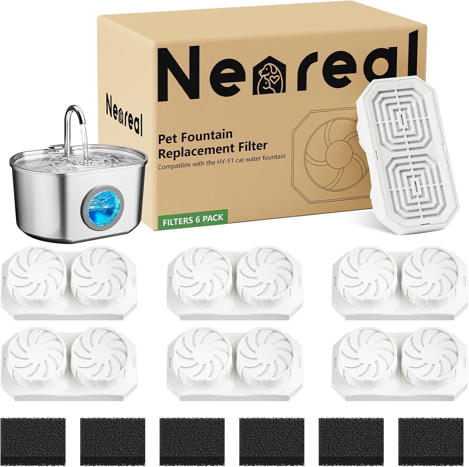 Neareal Cat Water Fountain Replacement Filters and Pre-Filter Sponges