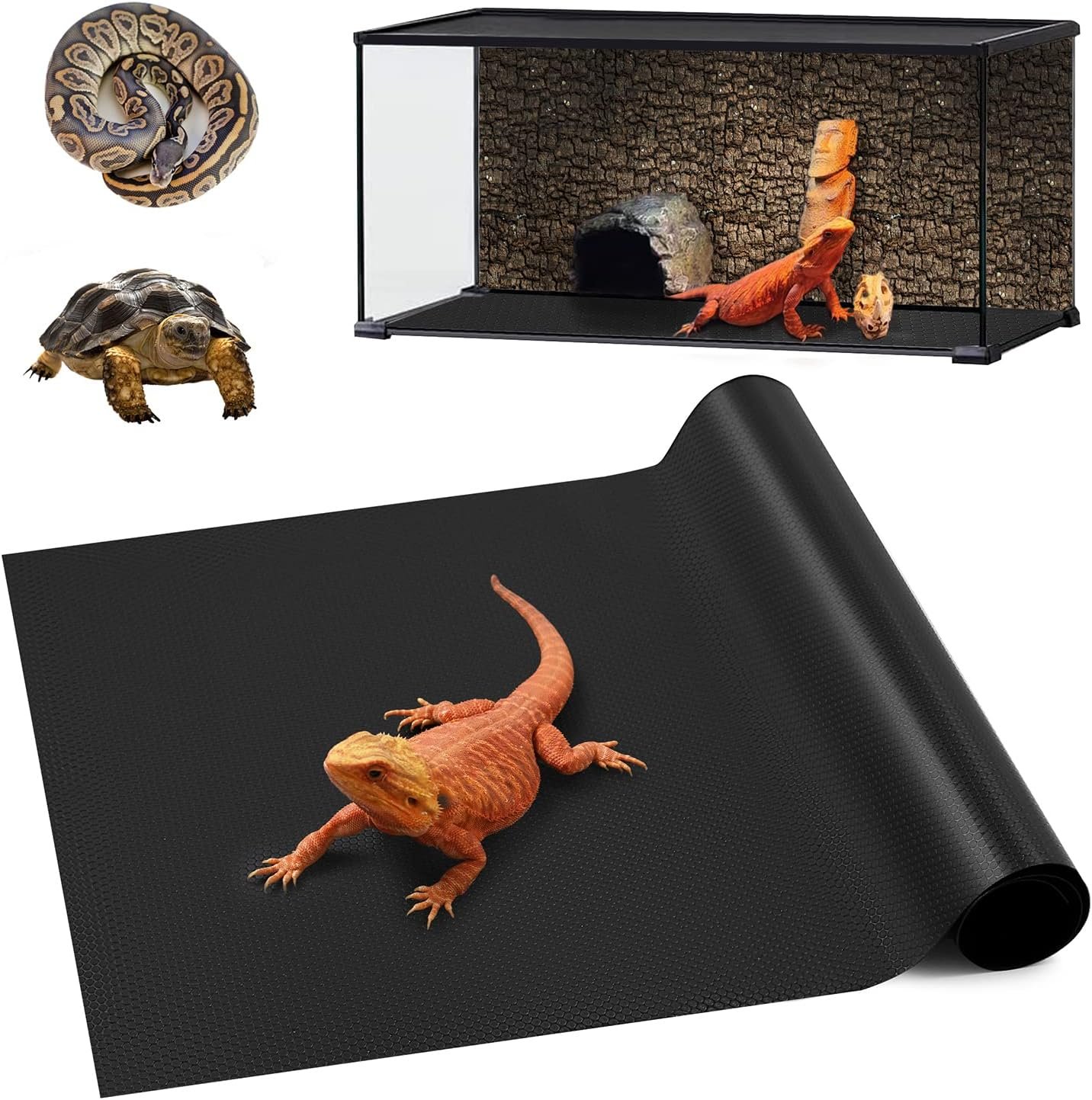 Bearded Dragon Tank Accessories, Reptile Carpet Bedding, Non-Adhesive Reptile Mat Warming Reptile Terrarium Liner Substrate for Leopard Gecko, Snake, Lizard, Tortoise, Iguana Black(18″x72″)