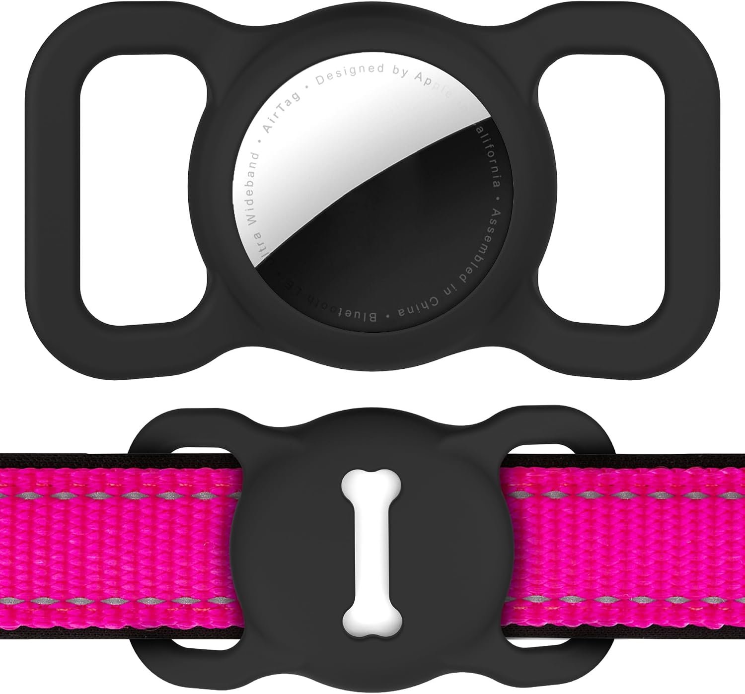 for Airtag Dog Collar Holder (1st & 2nd Generation) Air Tag Protective Cat Airtag Dog Collar, Silicone AirTags GPS Tracking Accessories, Air Tags with Bone Pattern (1 Pack(Black))