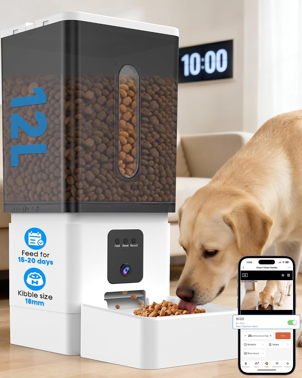 Large Dog Automatic Feeder: 12L/50 Cups Food Capacity, HD 1080P Camera