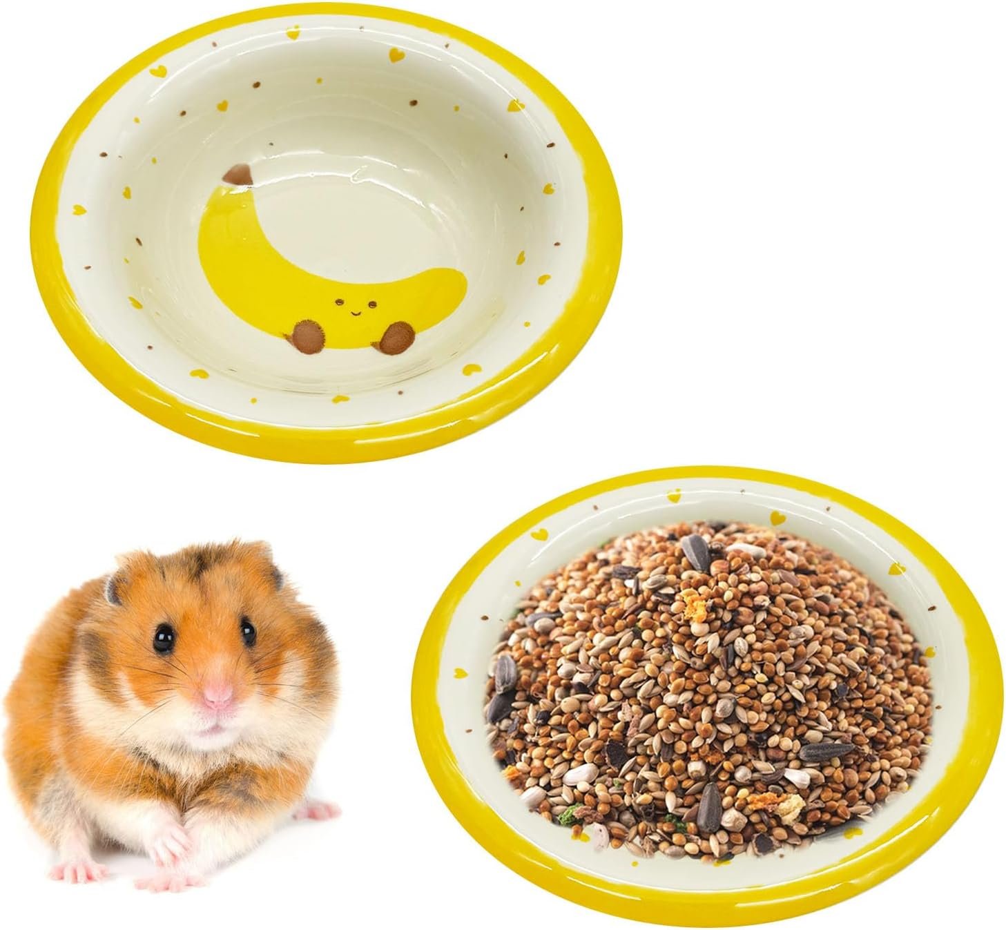 kathson Hamster Ceramic Food Bowl Small Animal Bowls with Banana Pattern for Cage Guinea Pig Anti-Turning Food and Water Dish Pet Feeder for Gerbil Hedgehog 2PCS