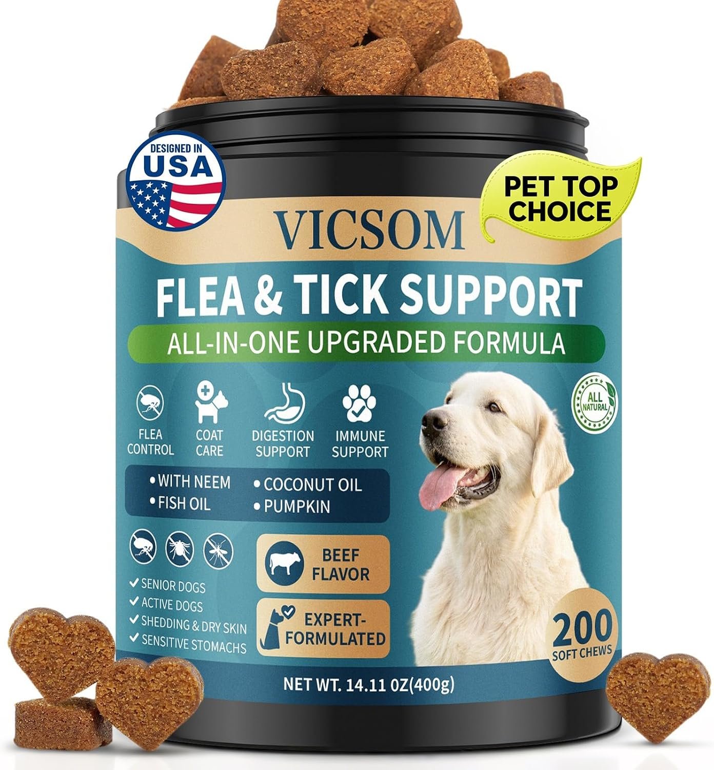 Flea and Tick Prevention for Dogs Chewable, 200 Soft Treats Beef Flavor