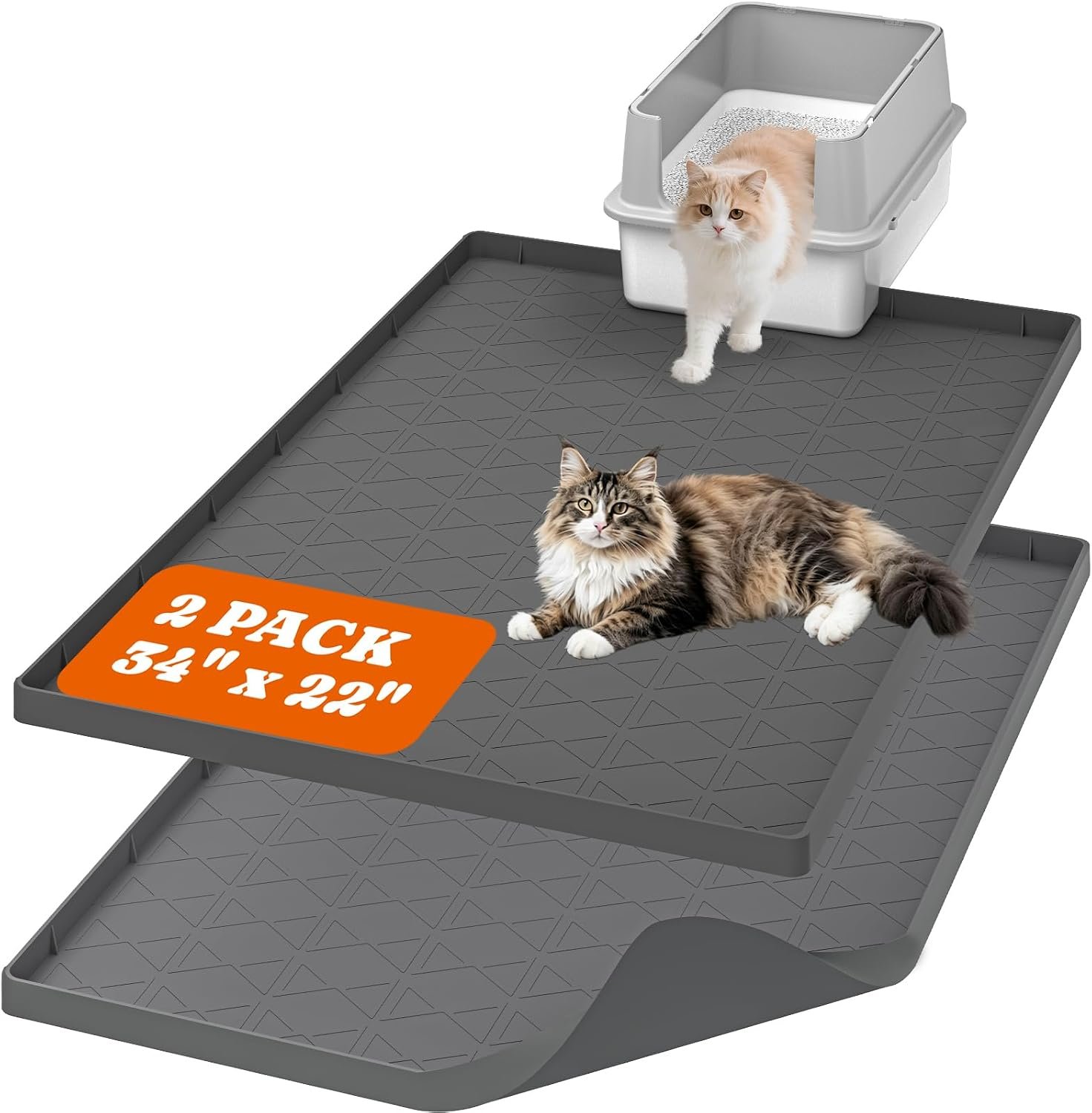 Pawtners Silicone Cat Litter Mat 34 x 22 in, Easy to Clean, 2 Pack