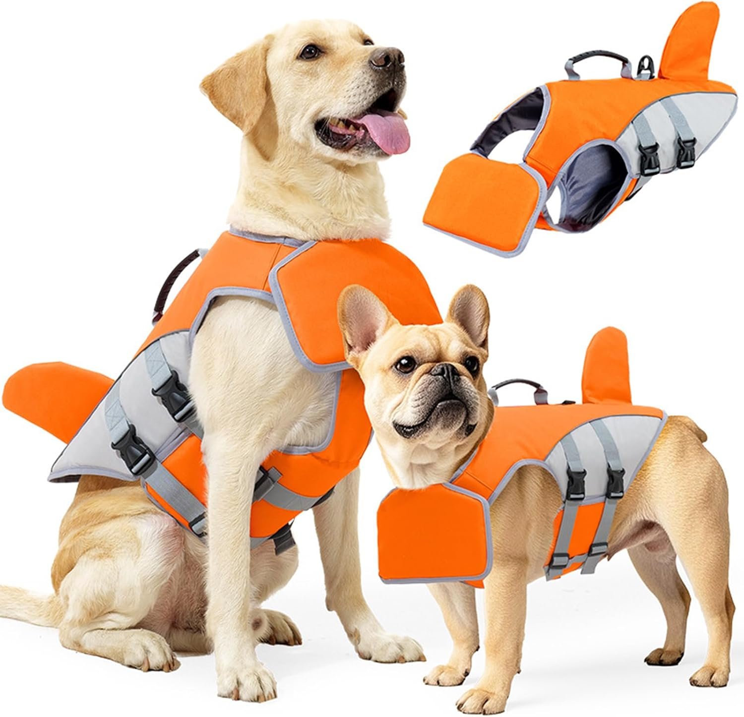 BAMY Shark Dog Life Jacket with Chin Float Pet Swimming Vest with Rescue Handle Large Dogs Safety Lifesaver Life Vest for Small Medium Large Dogs (Orange, XL)