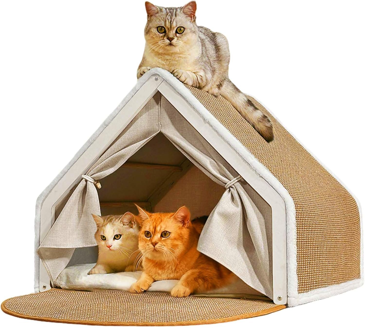 Cat Houses for Indoor Cats – 4 Seasons Cat Bed Cave with Natural Sisal Cat Scratcher Mat, Solid Wood Frame Cat House with Curtains and Cat Floor Scratching Pad Rug, Protect Couch and Carpets, S