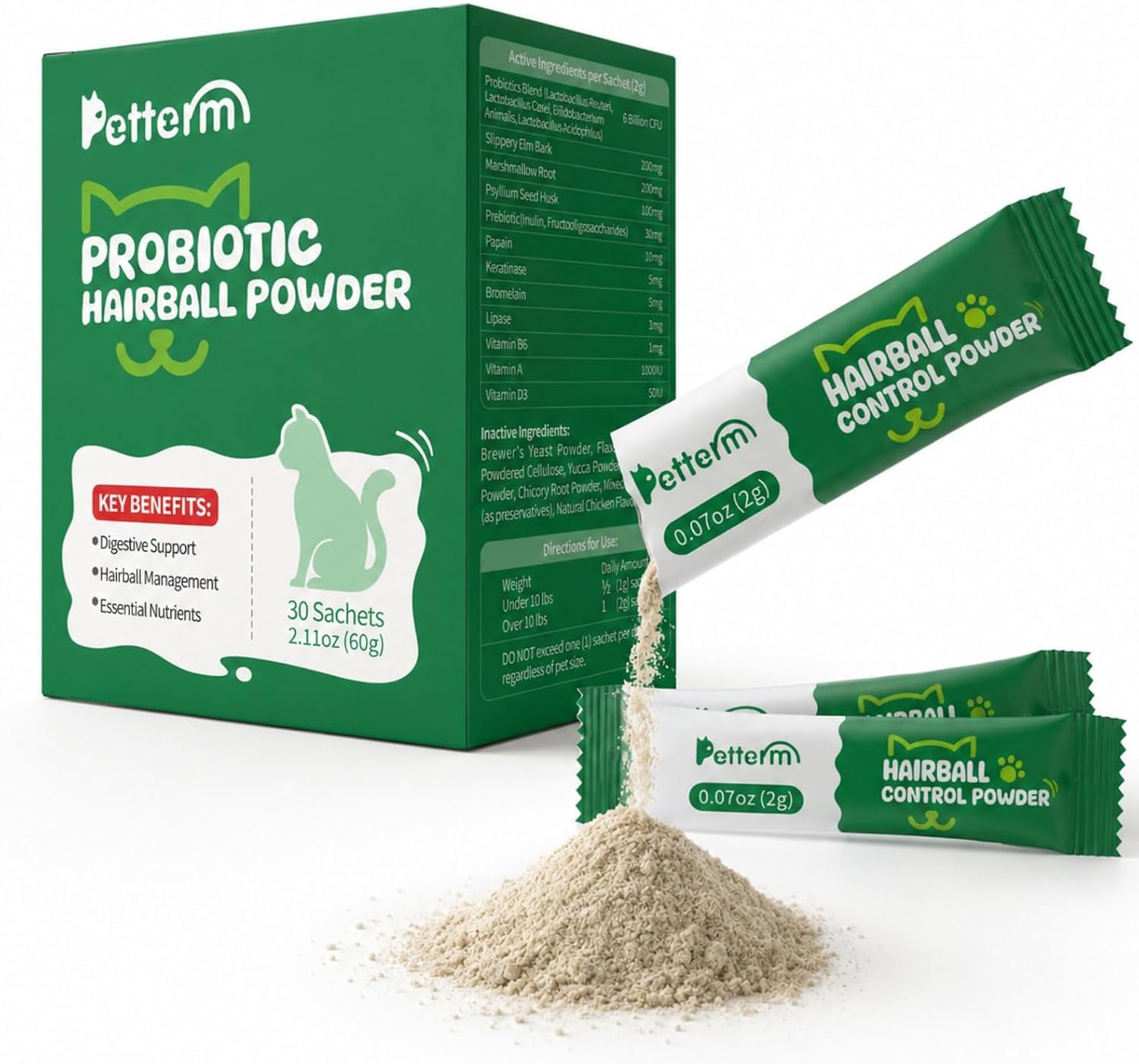 Cat Hairball Relief Powder & Food Topper – Probiotics & Slippery Elm, 30S