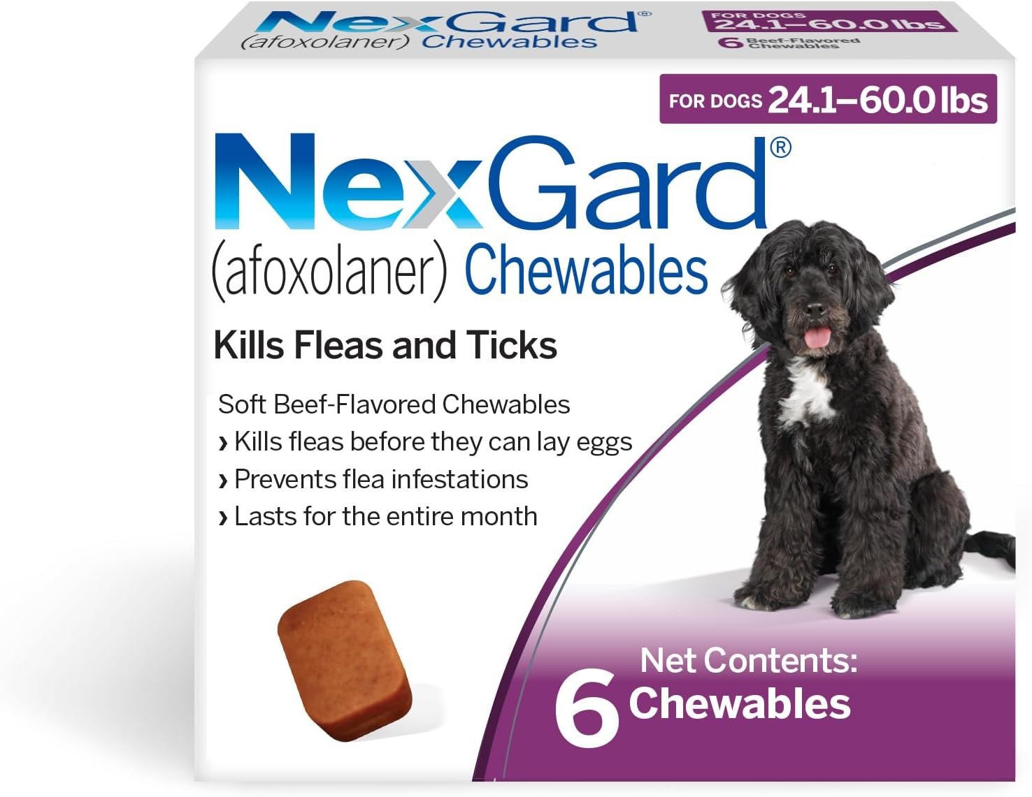 NexGard® (afoxolaner) Flea and Tick Protection for Dogs Oral Soft Beef Flavored Chewables, 24.1 to 60 lbs. (Purple Box) 6 Chews (6 Month Supply)