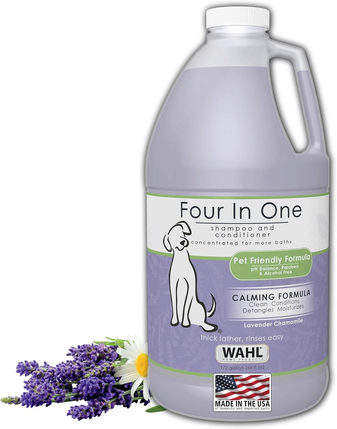 Wahl USA 4-in-1 Calming Pet Shampoo for Dogs, Lavender Chamomile, 64 oz | Half Gallon Shampoo For Multi-Dog Families To Clean, Condition, Detangle, And Moisturize Fur During Bath – Model 821000-050