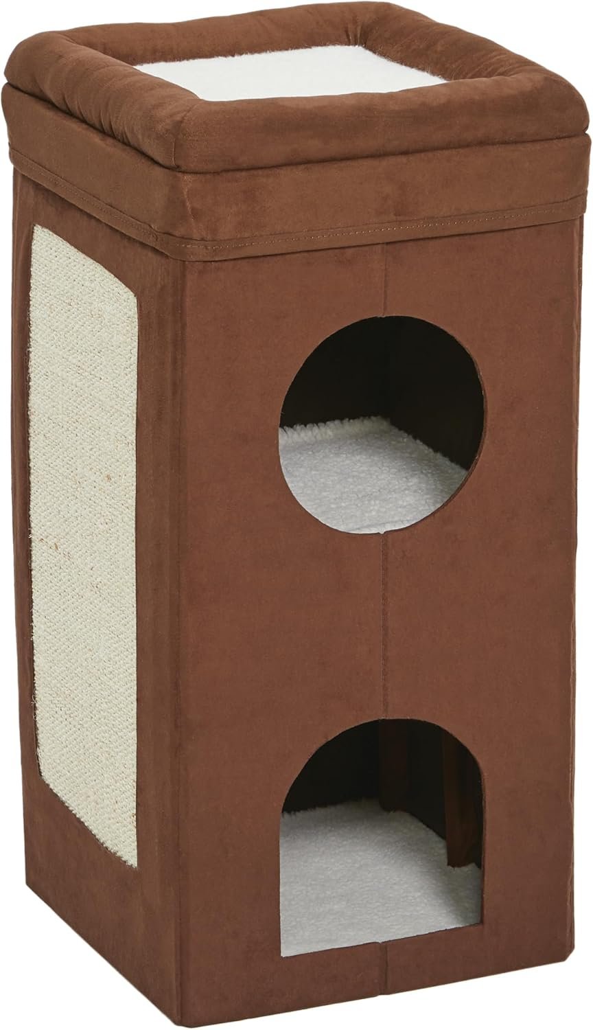 MidWest Homes for Pets Feline Nuvo Curious Cat Condo, Tri-Level Cat Tree, Faux Brown Suede with Hideaways, Bed Top & Sisal Scratch Panel, for Multiple Cats