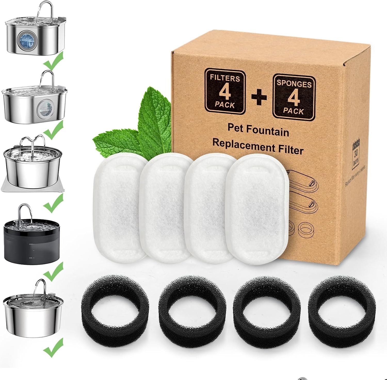 Cat Water Fountain Filters: 4 Filters & 4 sponges