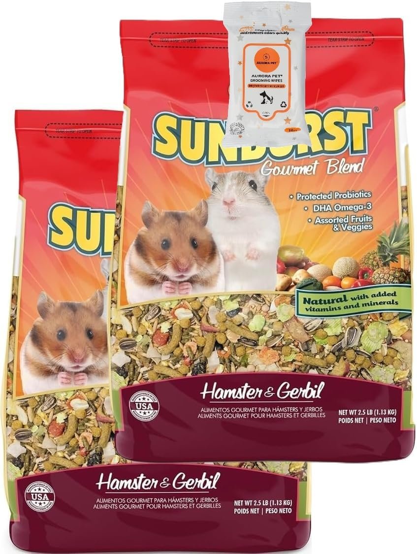 (2 Pack) Higgins Sunburst Gourmet Blend Gerbil & Hamster Food (2.5 lb Each) with AuroraPet Wipes