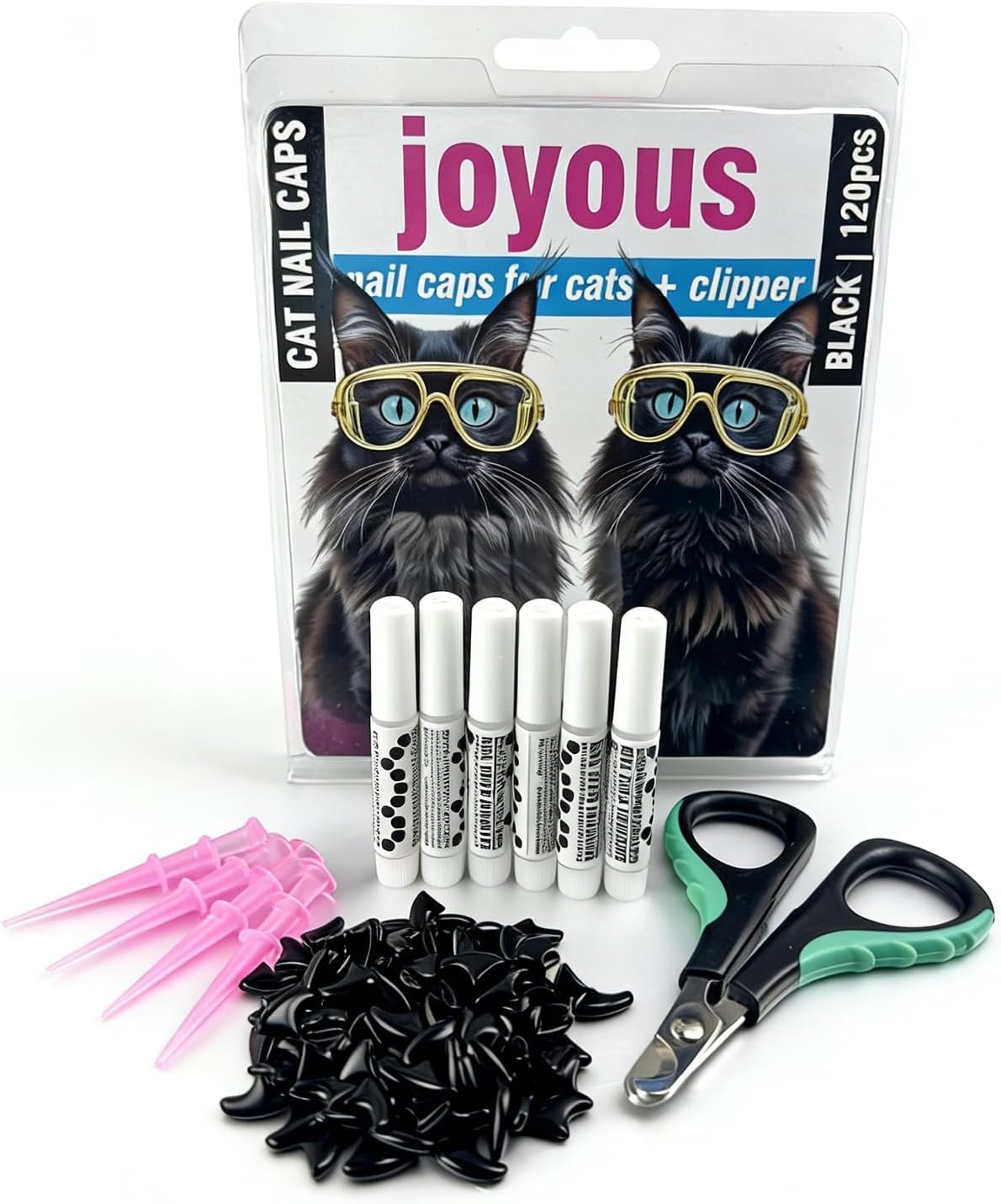 joyous 120pcs Black Kitten Cat Nail Caps Original Factory Set with Cat Nail Clipper – Soft Paws Cat Claw Covers for Indoor Kitty, Anti-Scratch and Protect Furniture, Cat Nail Covers (XS)