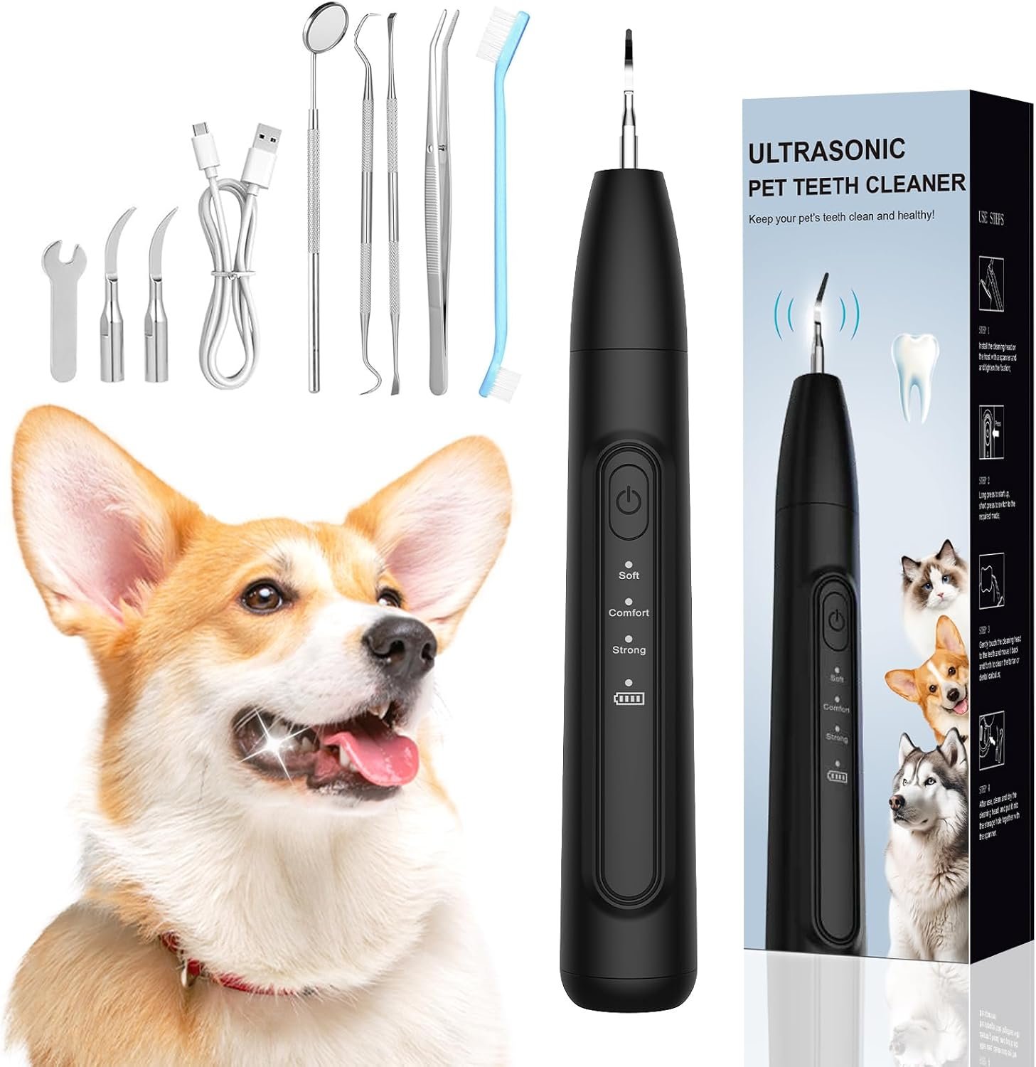 Ultrasonic Dog Plaque Remover Tool, 3 Modes Plaque and Tartar Remover for Dogs, Low Noise Sonic Dog Tartar Remover Dogs Plaque Remover with Toothbrush 2 Cleaning Head for Pet Dental Care