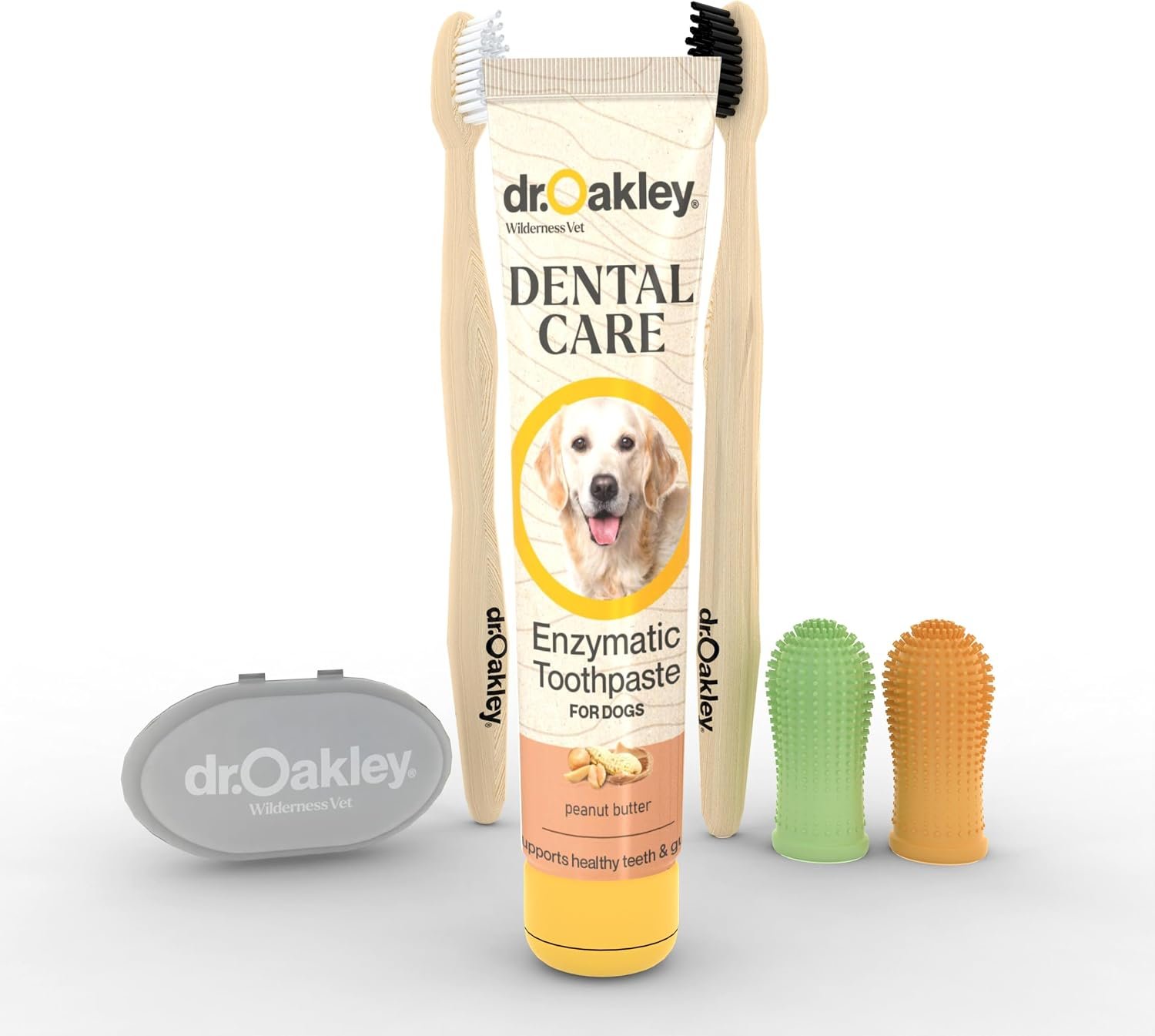 Dr. Oakley Dental Toothbrush Kit for Dogs & Cats -Finger Brush for Small Pets and Soft brushes for Large or Older Natural and Safe Peanut Butter Flavor –
