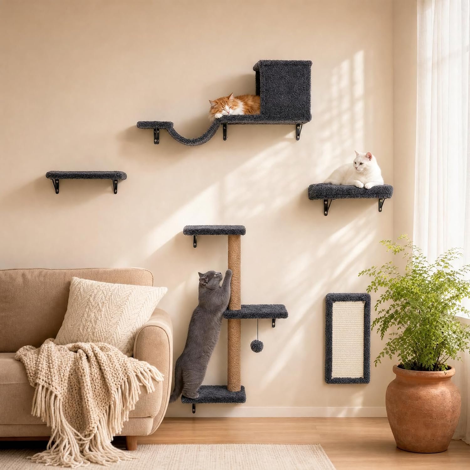 Cat Wall Shelves 6-in-1 Wall Mounted Cat Furniture 40 lbs, Dark Grey