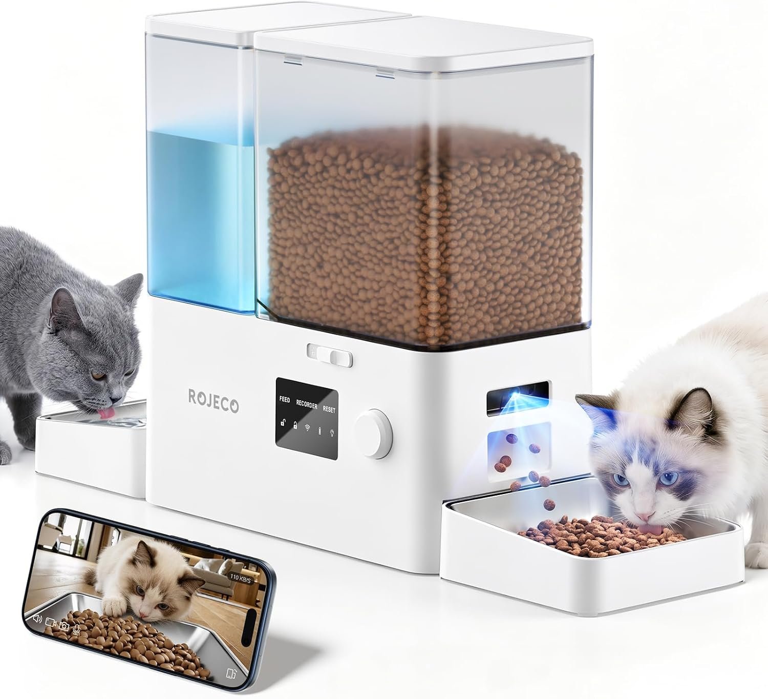 ROJECO Automatic Cat Feeder and Water,Auto Feeder Cat Food with Camera