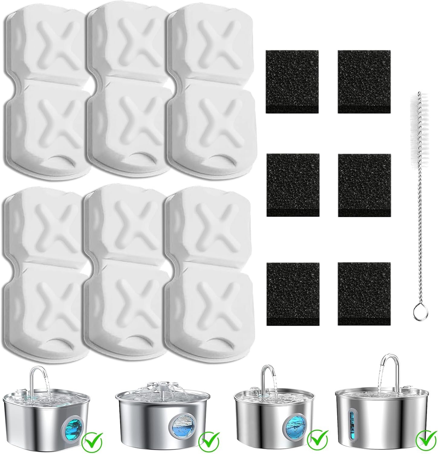 Cat Water Fountain Filter Kit-6 Filters, 6 Sponges & 1 Brush
