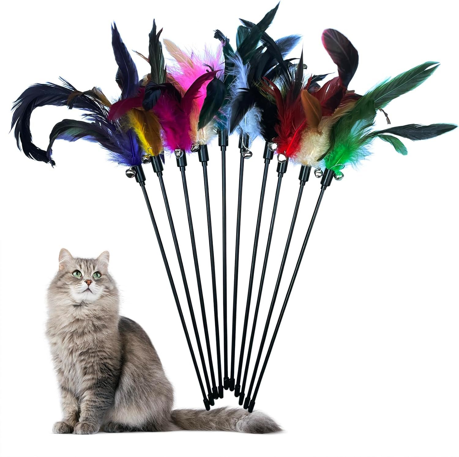 Cat Feather Wand Toys 10-Pack with Bell Indoor Kittens