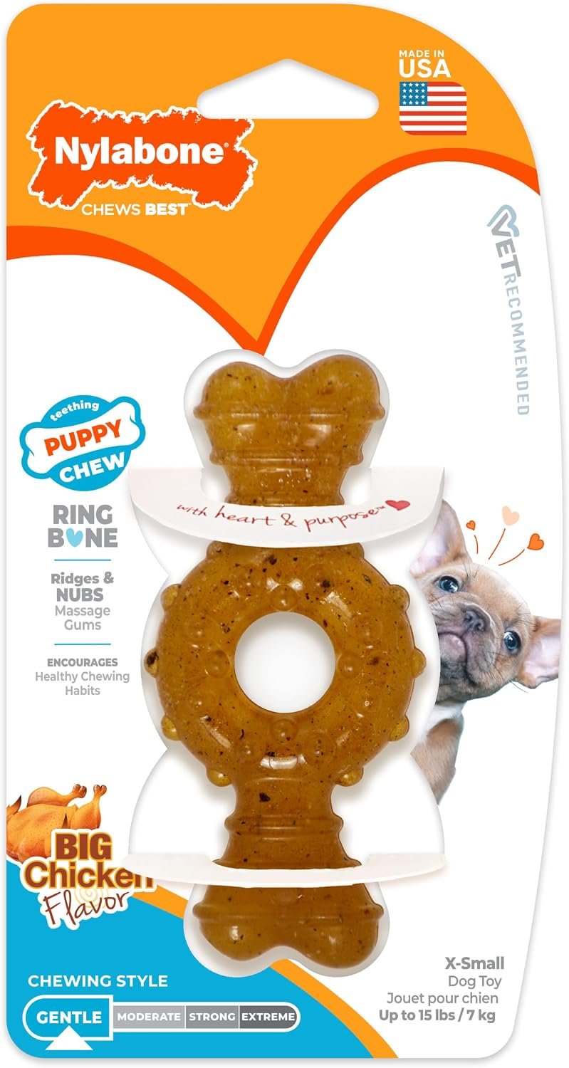 Nylabone Puppy Chew Teething Ring Bone Dog Toy, Chicken Flavor, X-Small