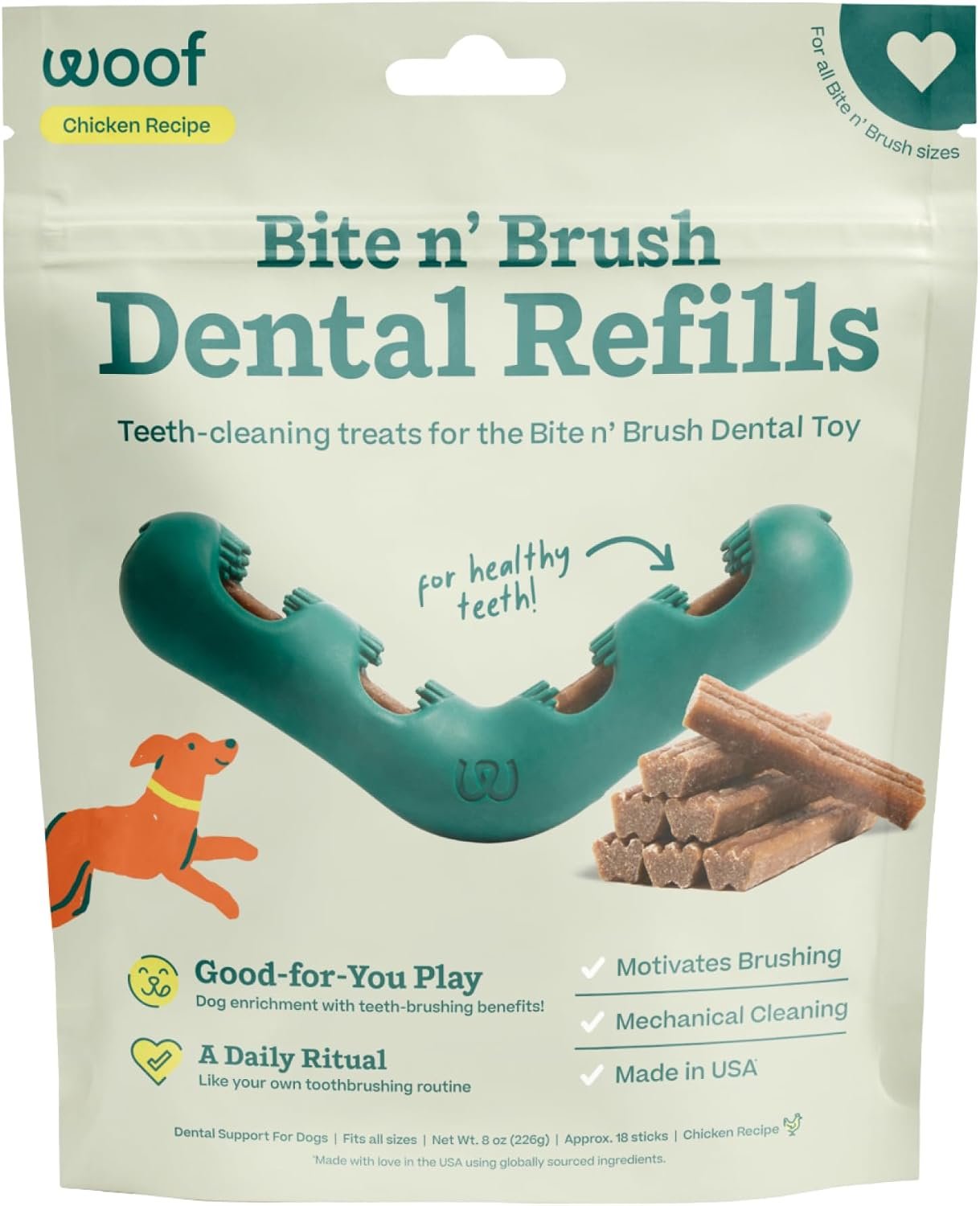 WOOF Bite n’ Brush Dog Dental Stick Refills for Chew Toy, Chicken, 18 Count
