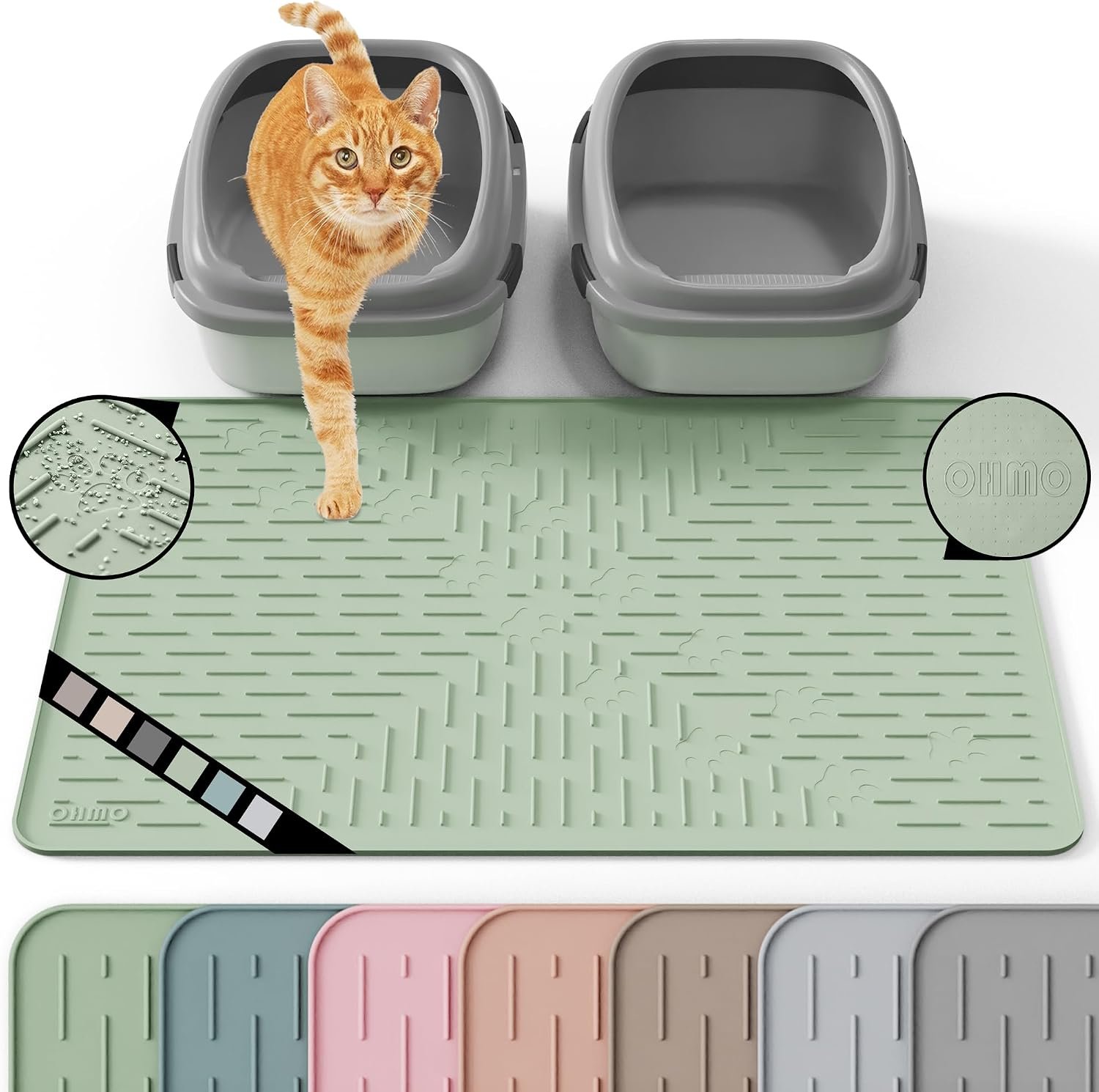 OHMO Large Cat Litter Mat, 31.5×23.6 Silicone Trapping Mat Sage Green | for Kitty Litter Box, Easy Clean, BPA Free Rubber, Center Litter Collection, Easy Pour-Back, Waterproof, Odor-Resistant