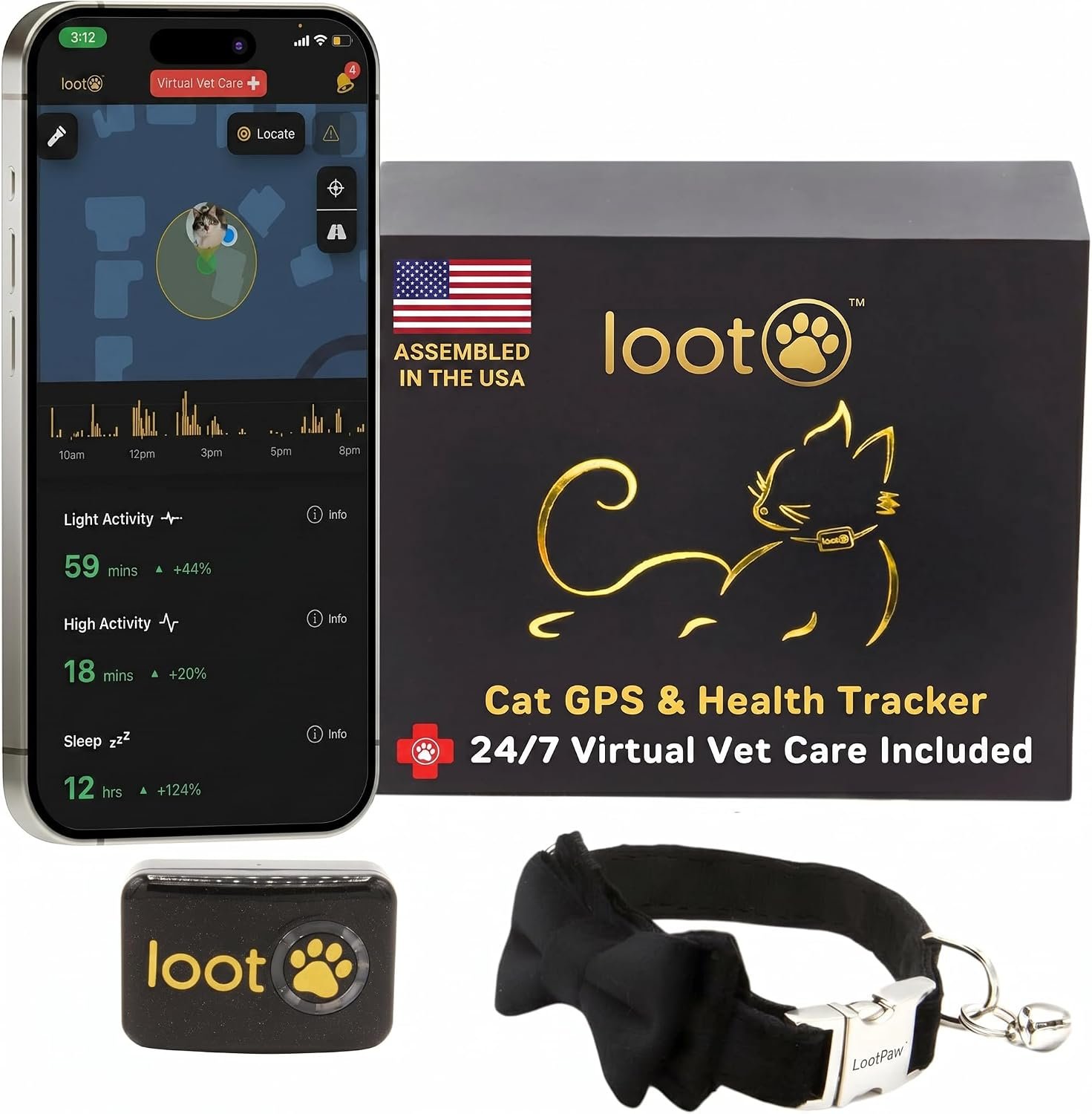LootPaw+ GPS Cat Tracker Collar | Real Time Cat GPS Tracker with App & Vet Support | Lightweight Pet Tracker for Cats, Health & Activity Monitor | 60-Day Free Trial